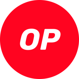 white box with red circle with white capital letter OP