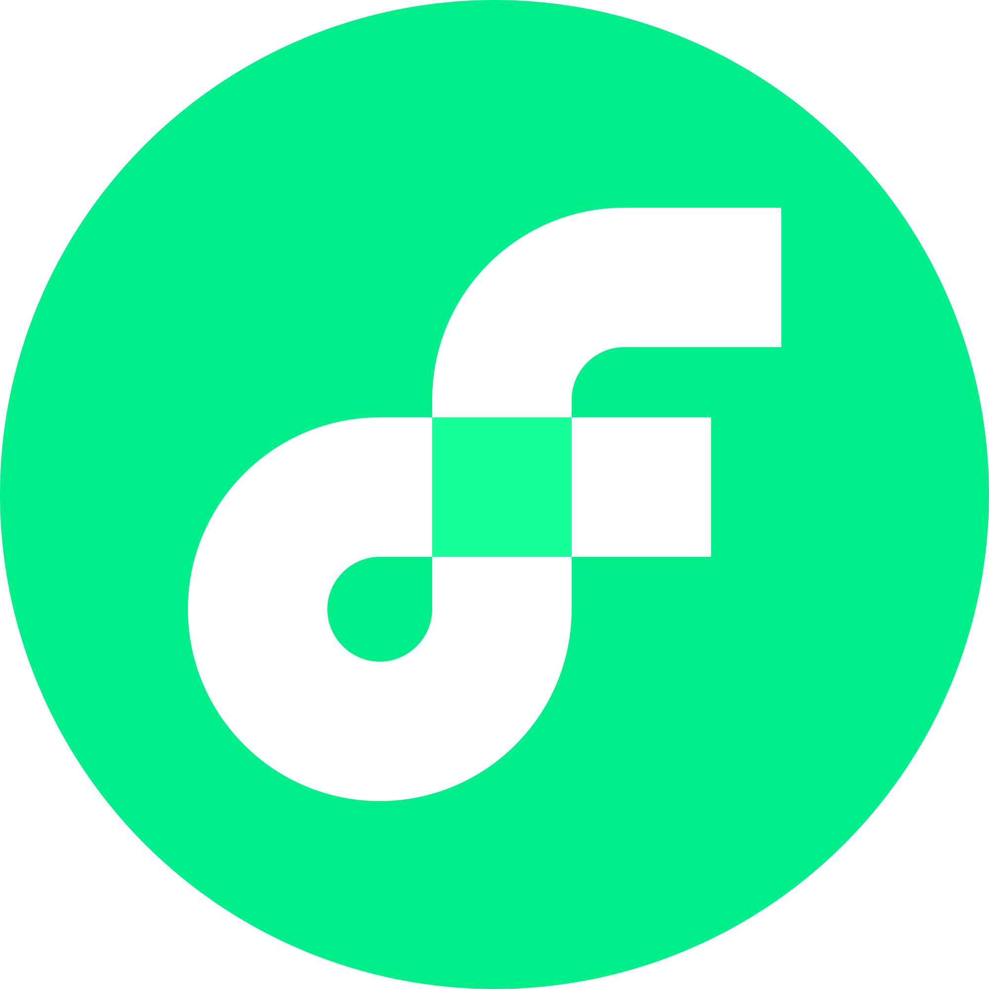 Flow logo mint green circle with lowercase f morphing into an o on the bottom right