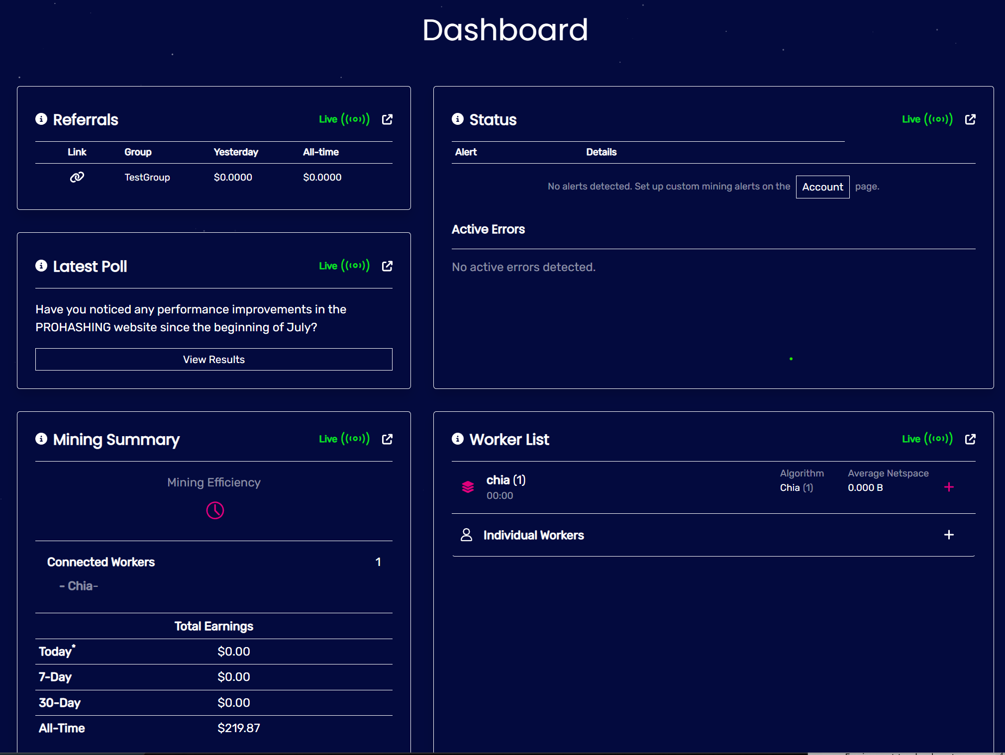 screenshot of updated Dashboard on PROHASHING Website