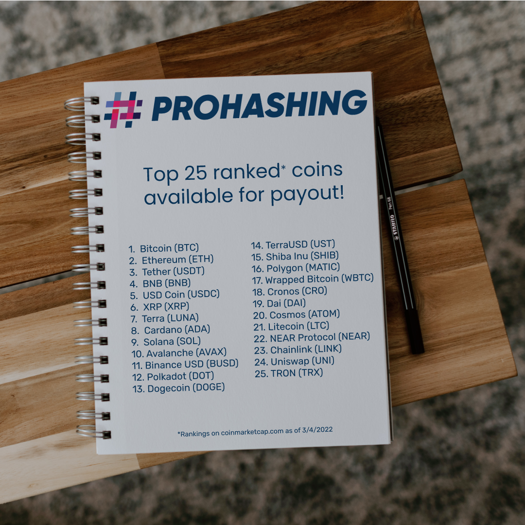 Notebook with list of top 25 ranked cryptocurrencies as of March 4, all of which are now available for Payouts at PROHASHING